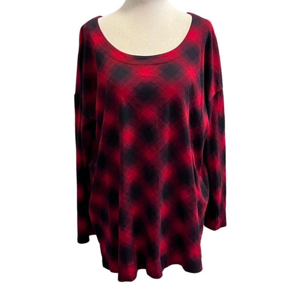 J Jill LP Simply Supima Scoop Neck Tunic 100% Supima Cotton Red & Black Plaid